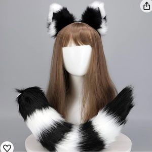 3 piece set, thigh high socks, Fox Tail, Ears,Cat Wolf Raccoon Ears and Tail Set